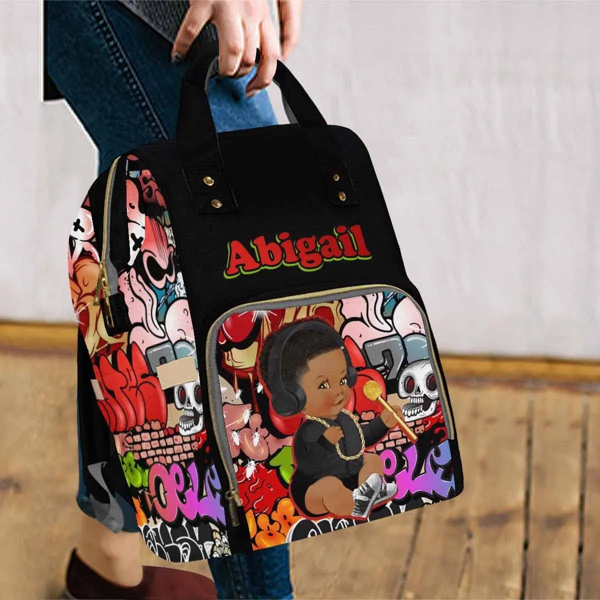 Artsadd Custom Name Baby Bags for Dad Mom, Personalized Graffiti Headset Diaper Backpack with Stroller Straps Large Capacity Nappy Bag for Boys Kids
