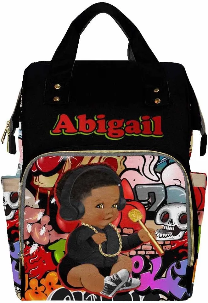 Artsadd Custom Name Baby Bags for Dad Mom, Personalized Graffiti Headset Diaper Backpack with Stroller Straps Large Capacity Nappy Bag for Boys Kids