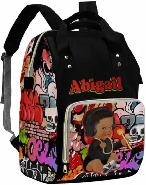 Artsadd Custom Name Baby Bags for Dad Mom, Personalized Graffiti Headset Diaper Backpack with Stroller Straps Large Capacity Nappy Bag for Boys Kids