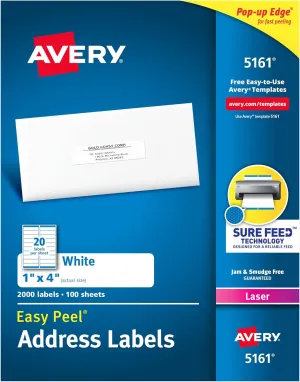 Avery Easy Peel Printable Address Labels with Sure Feed, 1" x 4", White, 2,000 Blank Mailing Labels for Laser Printers (5161)