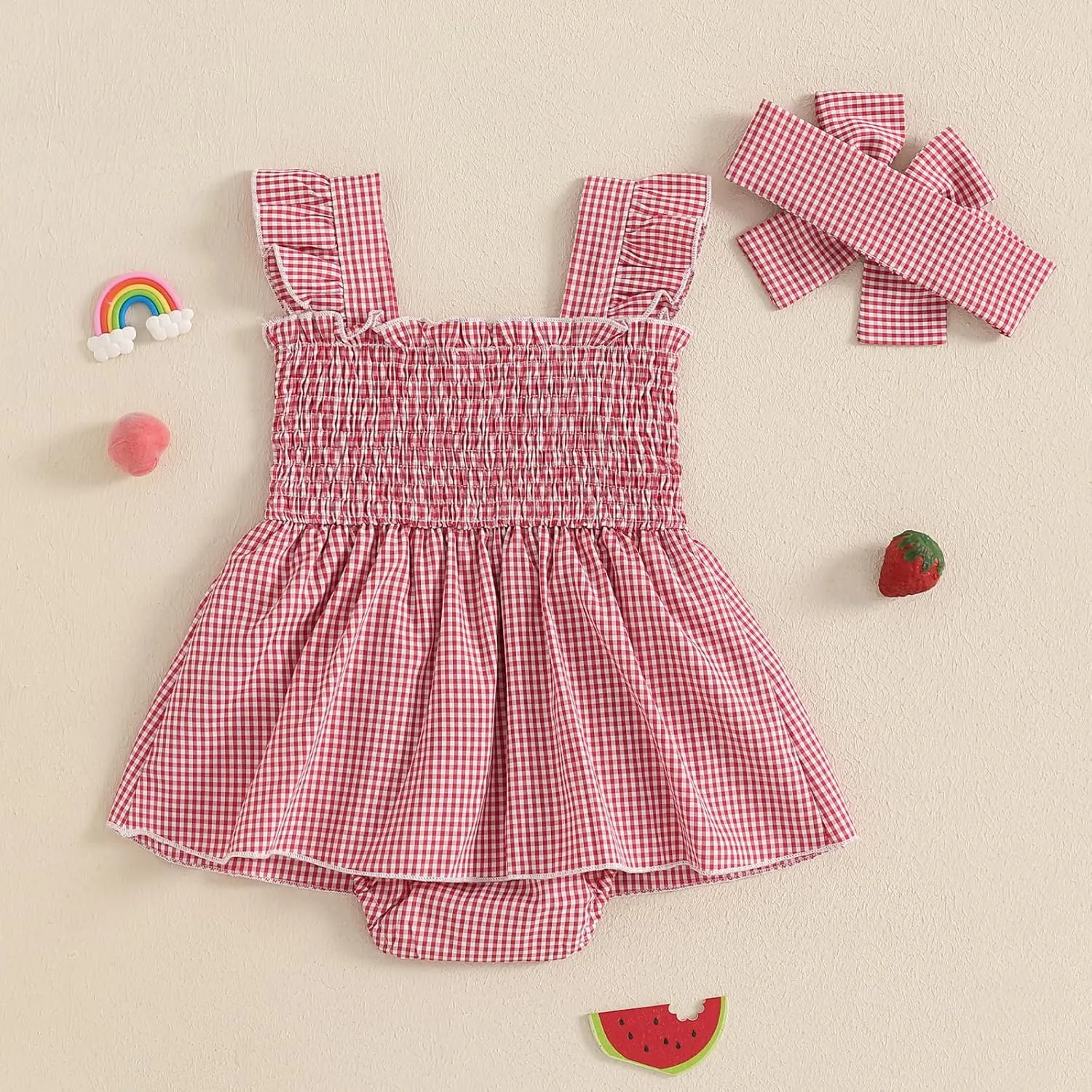 Baby Girl Summer Outfits Fly Sleeve Crew Neck Strawberry Bow Plaid Romper Dress Cute Clothes for Casual Daily
