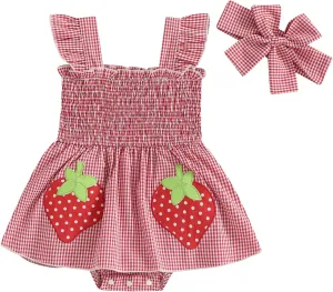Baby Girl Summer Outfits Fly Sleeve Crew Neck Strawberry Bow Plaid Romper Dress Cute Clothes for Casual Daily