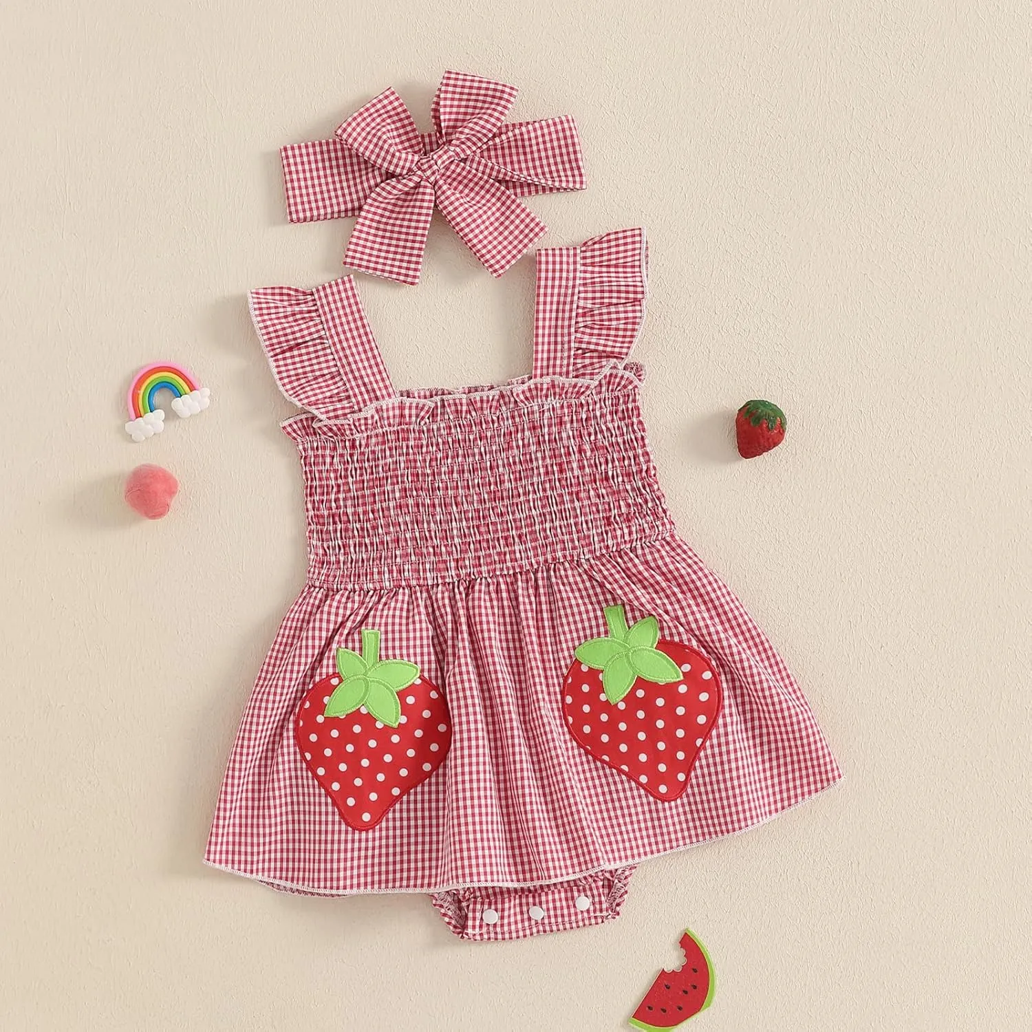 Baby Girl Summer Outfits Fly Sleeve Crew Neck Strawberry Bow Plaid Romper Dress Cute Clothes for Casual Daily