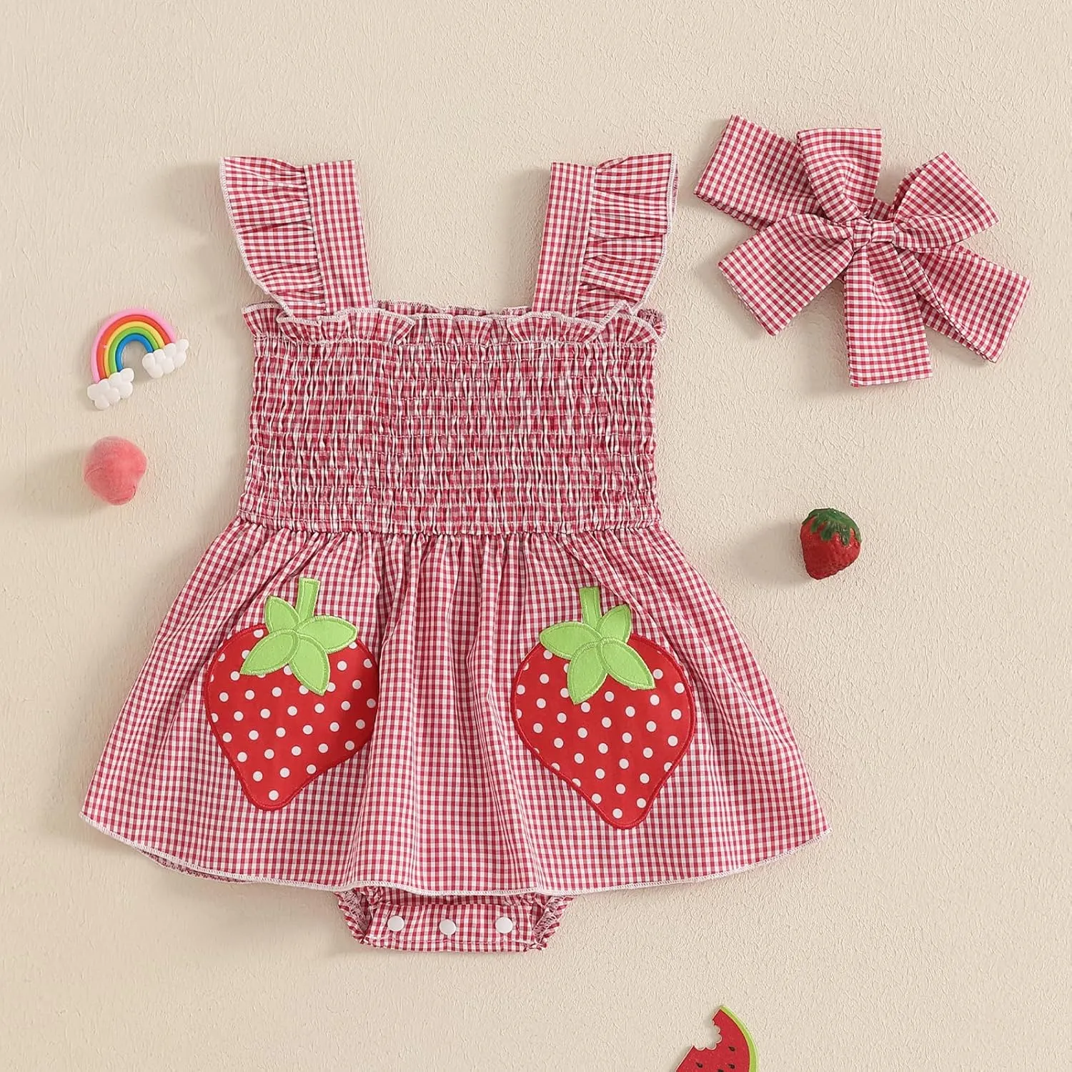 Baby Girl Summer Outfits Fly Sleeve Crew Neck Strawberry Bow Plaid Romper Dress Cute Clothes for Casual Daily