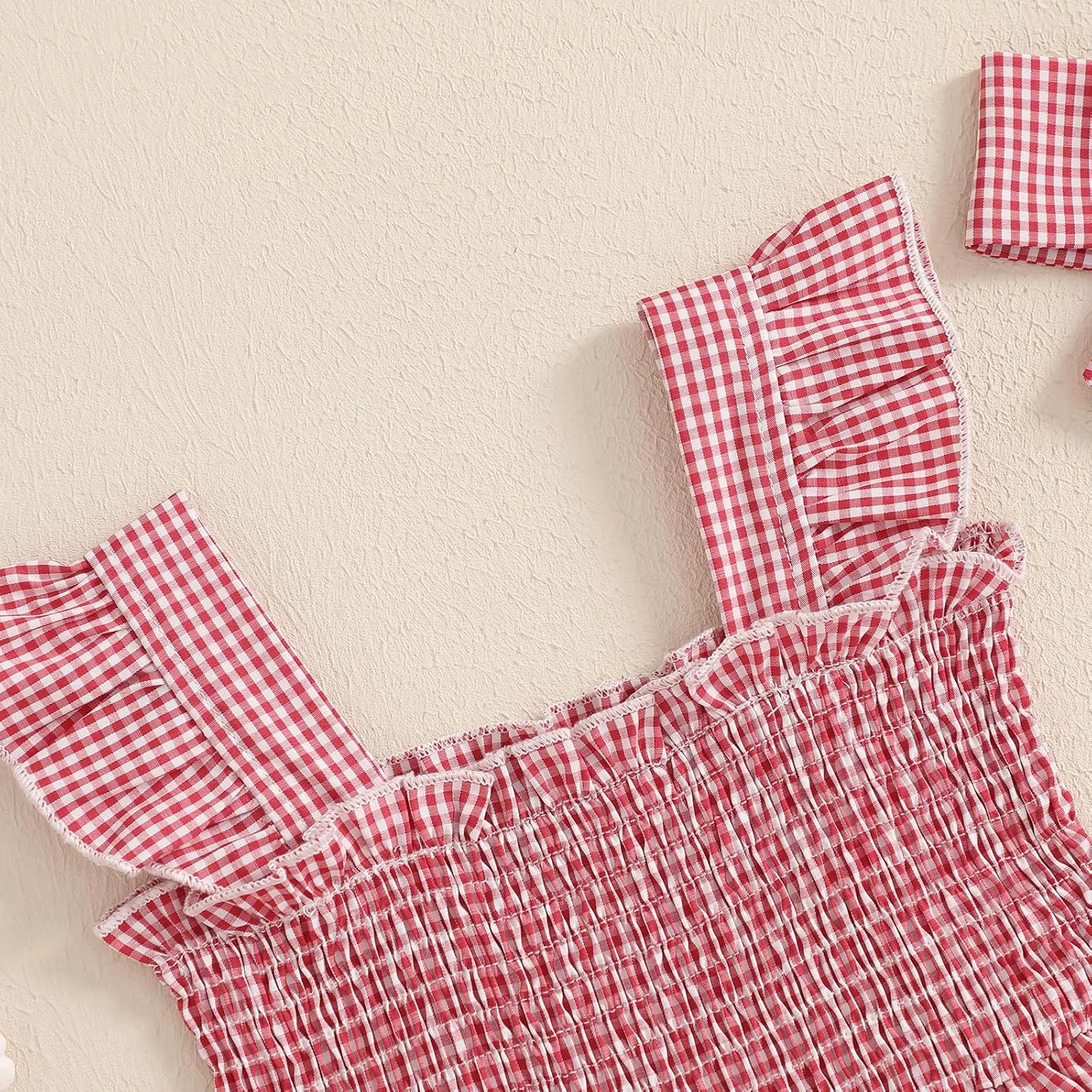 Baby Girl Summer Outfits Fly Sleeve Crew Neck Strawberry Bow Plaid Romper Dress Cute Clothes for Casual Daily
