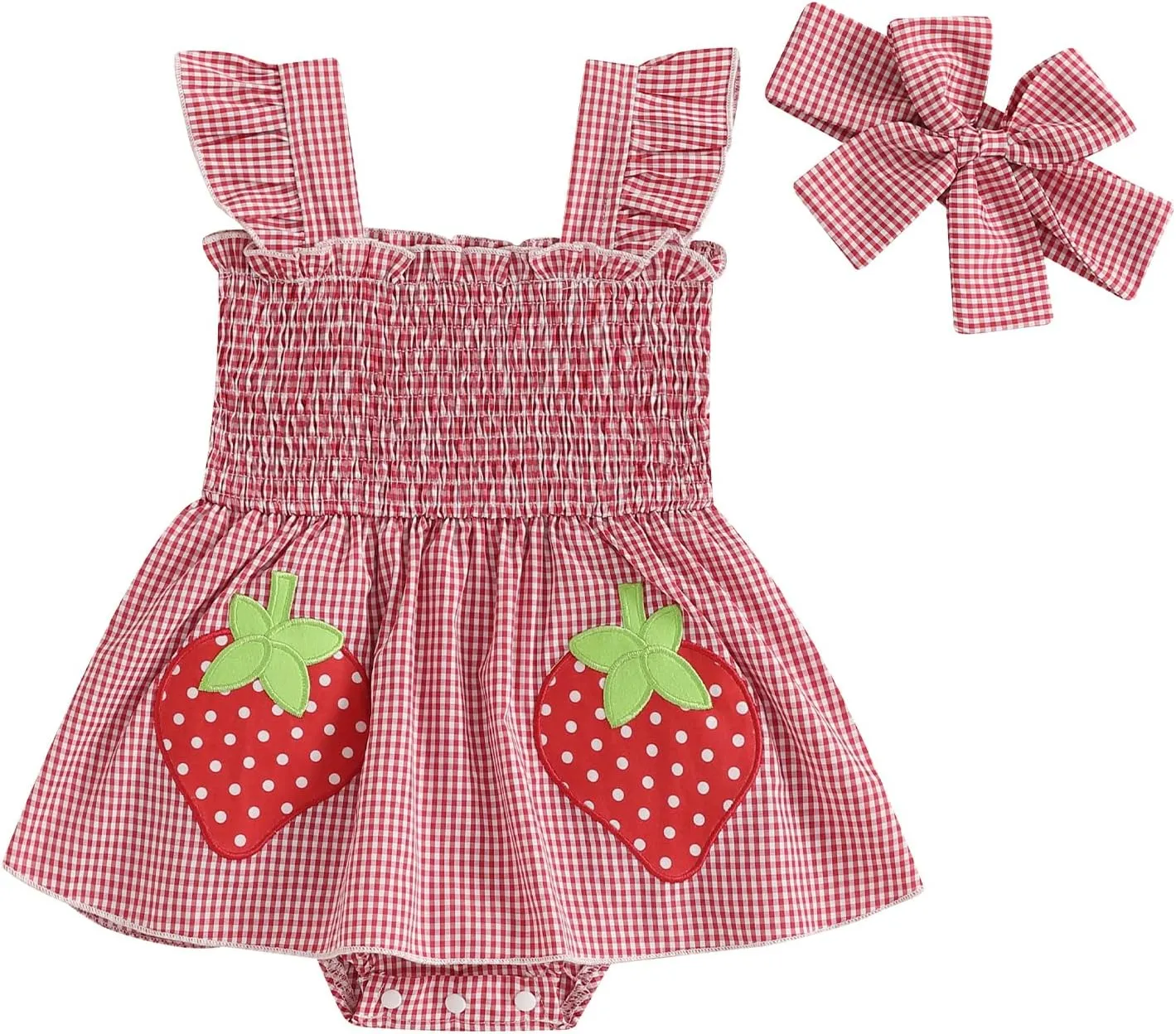 Baby Girl Summer Outfits Fly Sleeve Crew Neck Strawberry Bow Plaid Romper Dress Cute Clothes for Casual Daily