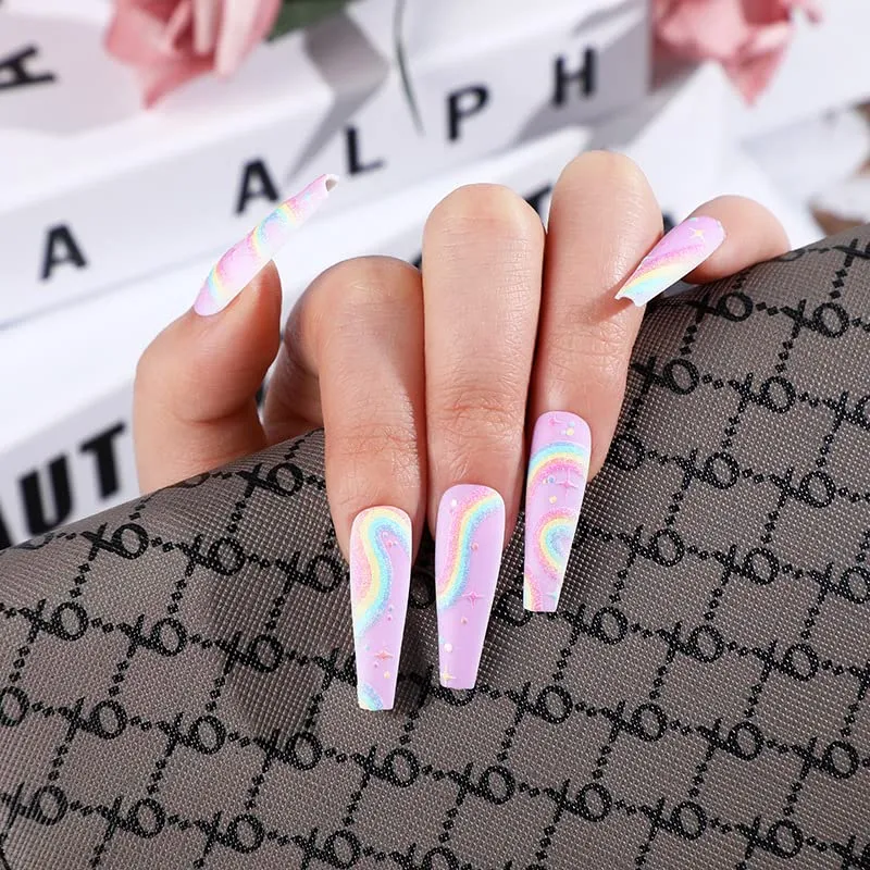 Ballet Nail Enhancement 3D Rainbow Star Scrub European and American Wearing Nail Sheet Artificial Nail Enhancement(OPP bags and strips)