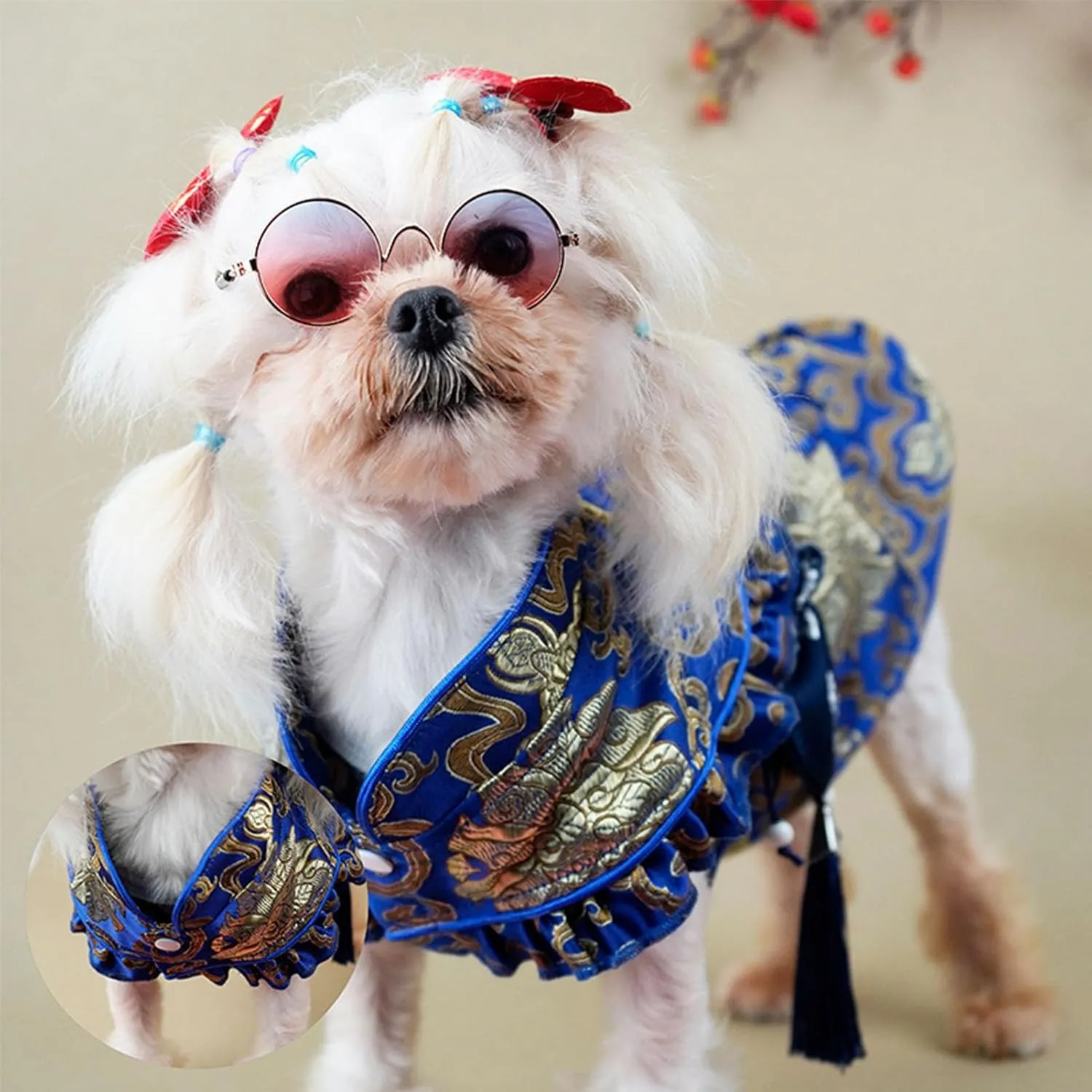 BAMY New Year Dog Cheongsam Fortune Bag Cat Tang Suit Chinese Traditional Pet Outfit Qipao for Cats Small Medium Dogs (XL (Chest Circumference 24.4"), Blue)