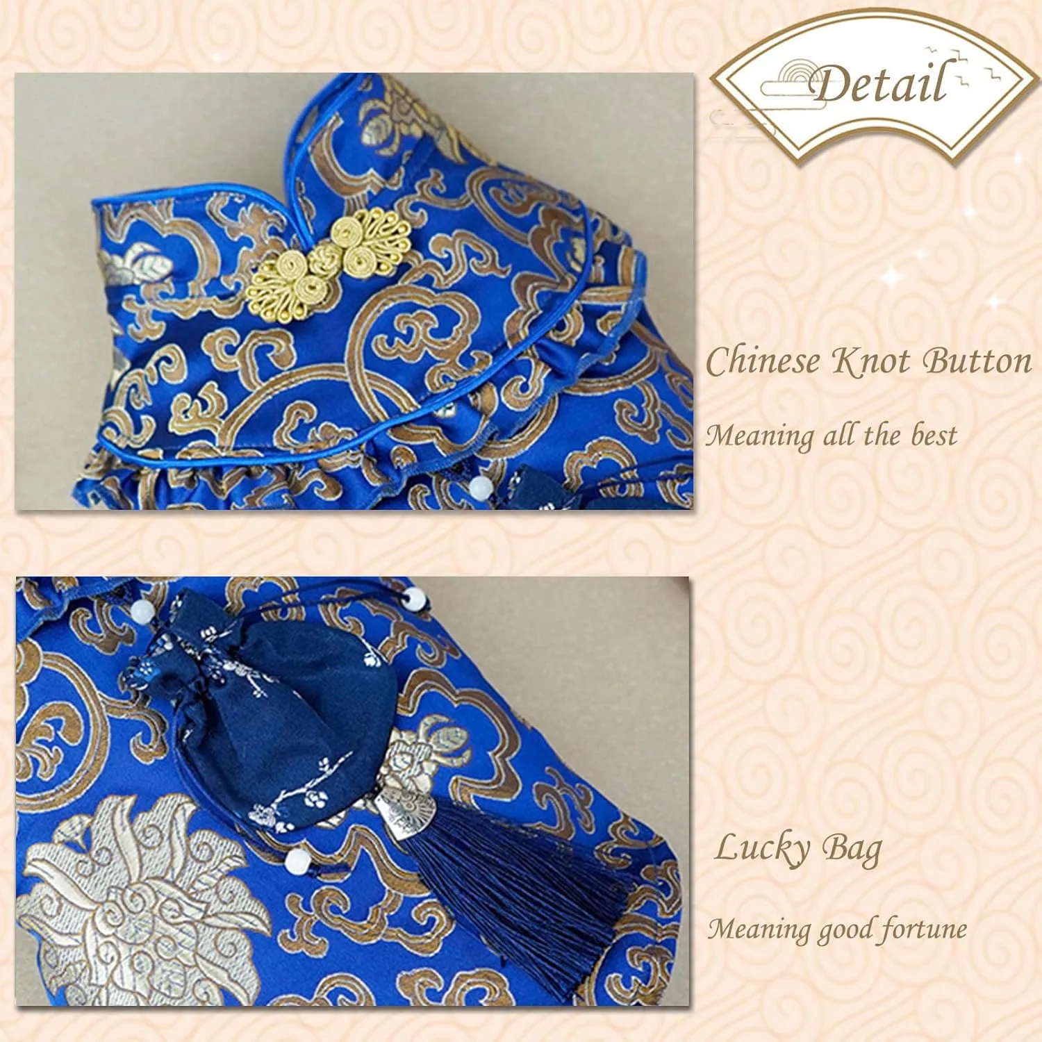 BAMY New Year Dog Cheongsam Fortune Bag Cat Tang Suit Chinese Traditional Pet Outfit Qipao for Cats Small Medium Dogs (XL (Chest Circumference 24.4"), Blue)