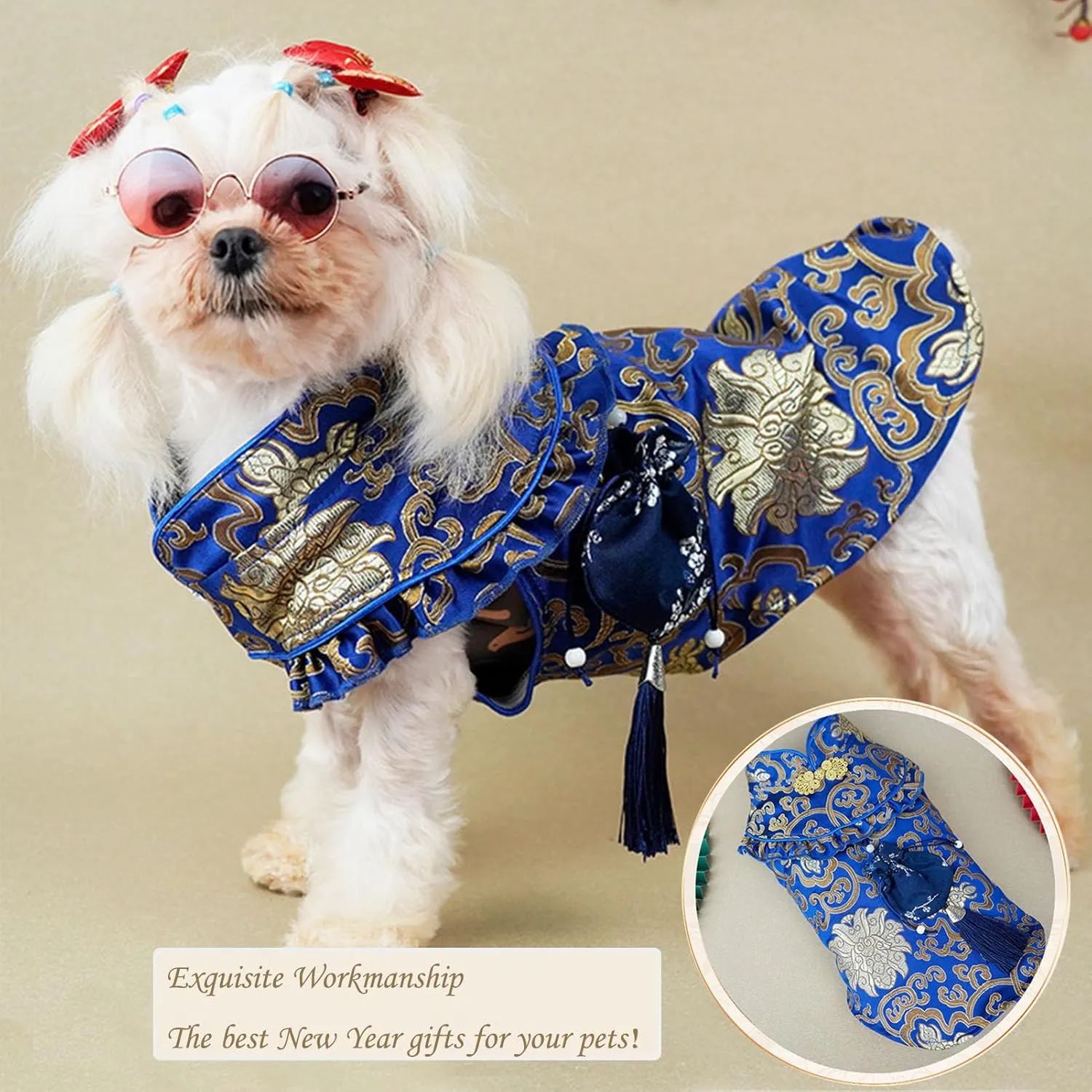 BAMY New Year Dog Cheongsam Fortune Bag Cat Tang Suit Chinese Traditional Pet Outfit Qipao for Cats Small Medium Dogs (XL (Chest Circumference 24.4"), Blue)
