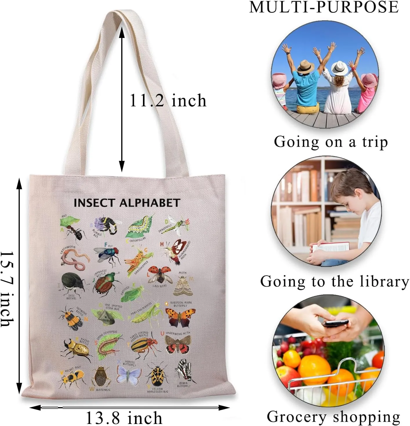 BDPWSS Insect Alphabet Tote Bag - Bug & Beetle Lover Gift - Entomology & Nature Lover