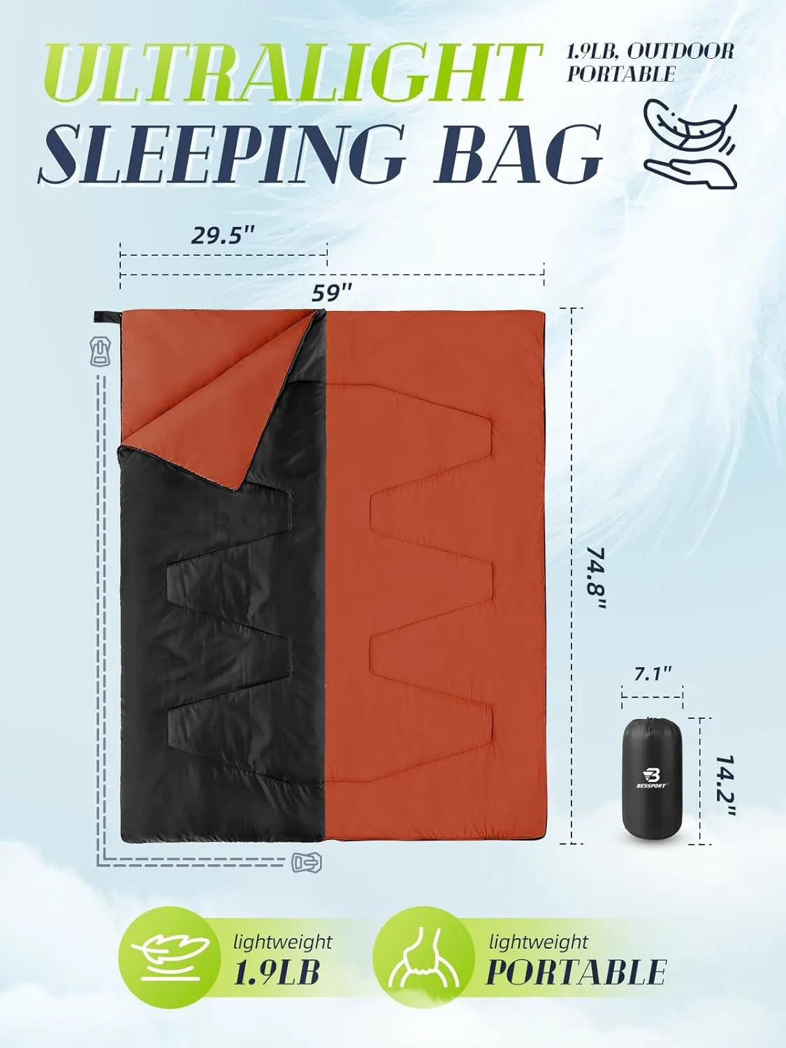 Bessport Lightweight Sleeping Bag, Ultralight Backpacking Sleeping Bag, 3 Season Waterproof for Adults Kids, Outdoor, Hiking, Camping