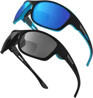 Bifocal Sunglasses Men Sunglass Readers - 2 Pack Warp Around Reading Sunglasses with Readers Built in for Men, 1.5