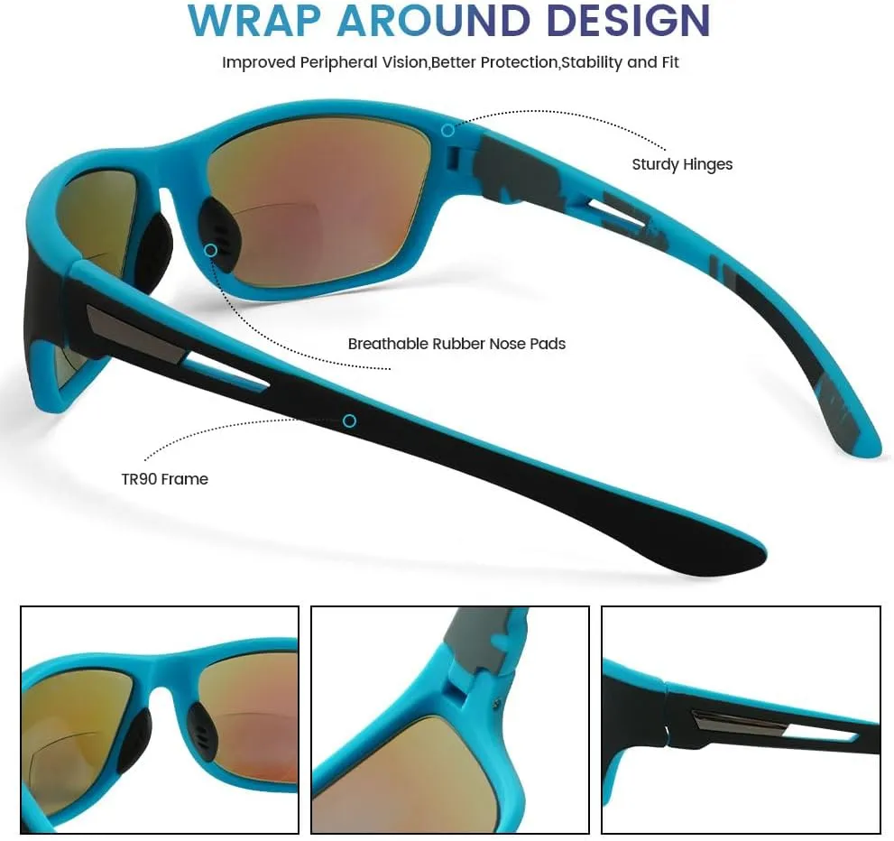 Bifocal Sunglasses Men Sunglass Readers - 2 Pack Warp Around Reading Sunglasses with Readers Built in for Men, 1.5