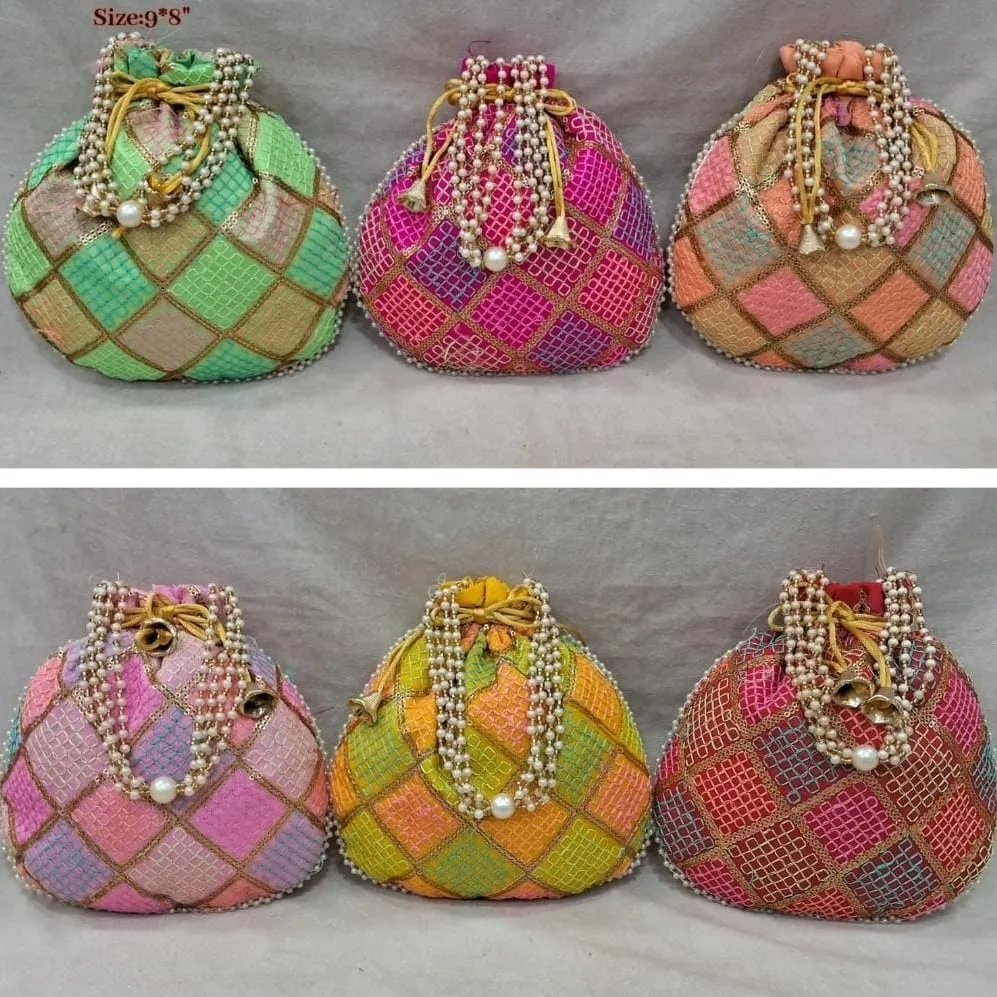 BINDNI Embroidered Potli Bag Ladies Drawstring Bag Purse Pouch Indian Handmade Pearl Batwa Gift for Weddings & Parties
