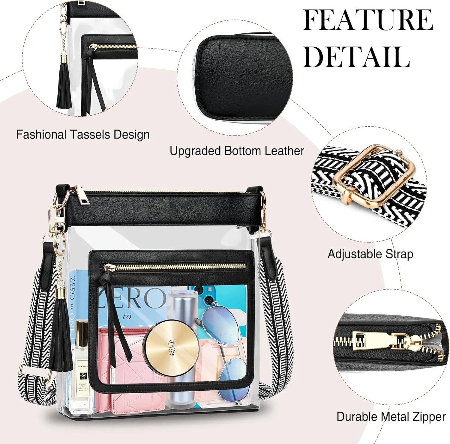 BKNOOU Clear Purses for Women - Crossbody Bags for Stadium Events & Concerts - Approved Clear Shoulder Bag