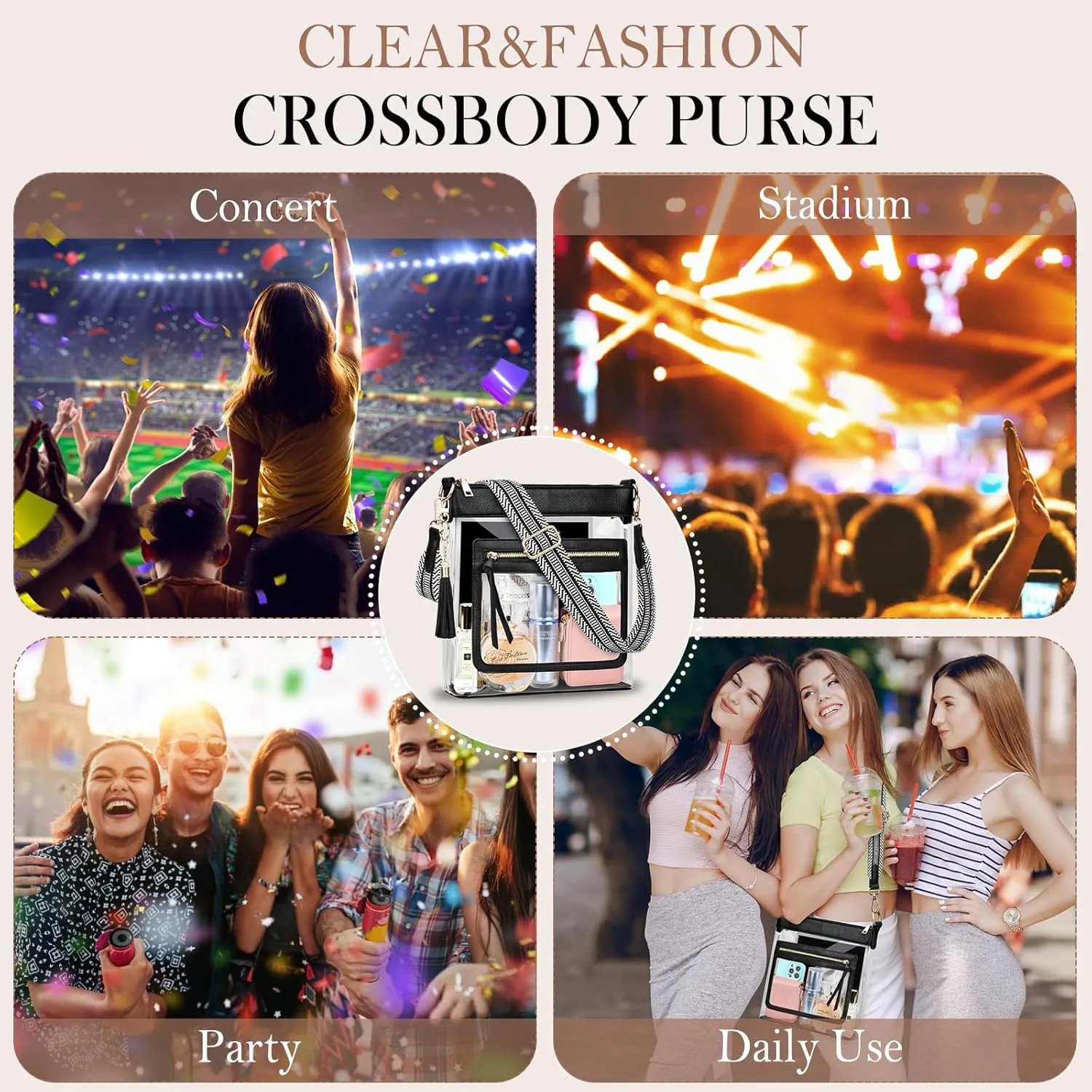 BKNOOU Clear Purses for Women - Crossbody Bags for Stadium Events & Concerts - Approved Clear Shoulder Bag