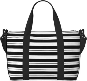 Black & White Stripes Print Large Travel Duffel Bag Foldable Lightweight Weekender Bags, Carry On Overnight Tote Bags, Gym Duffel Bags Hospital Bags Yoga Bags For Women Men