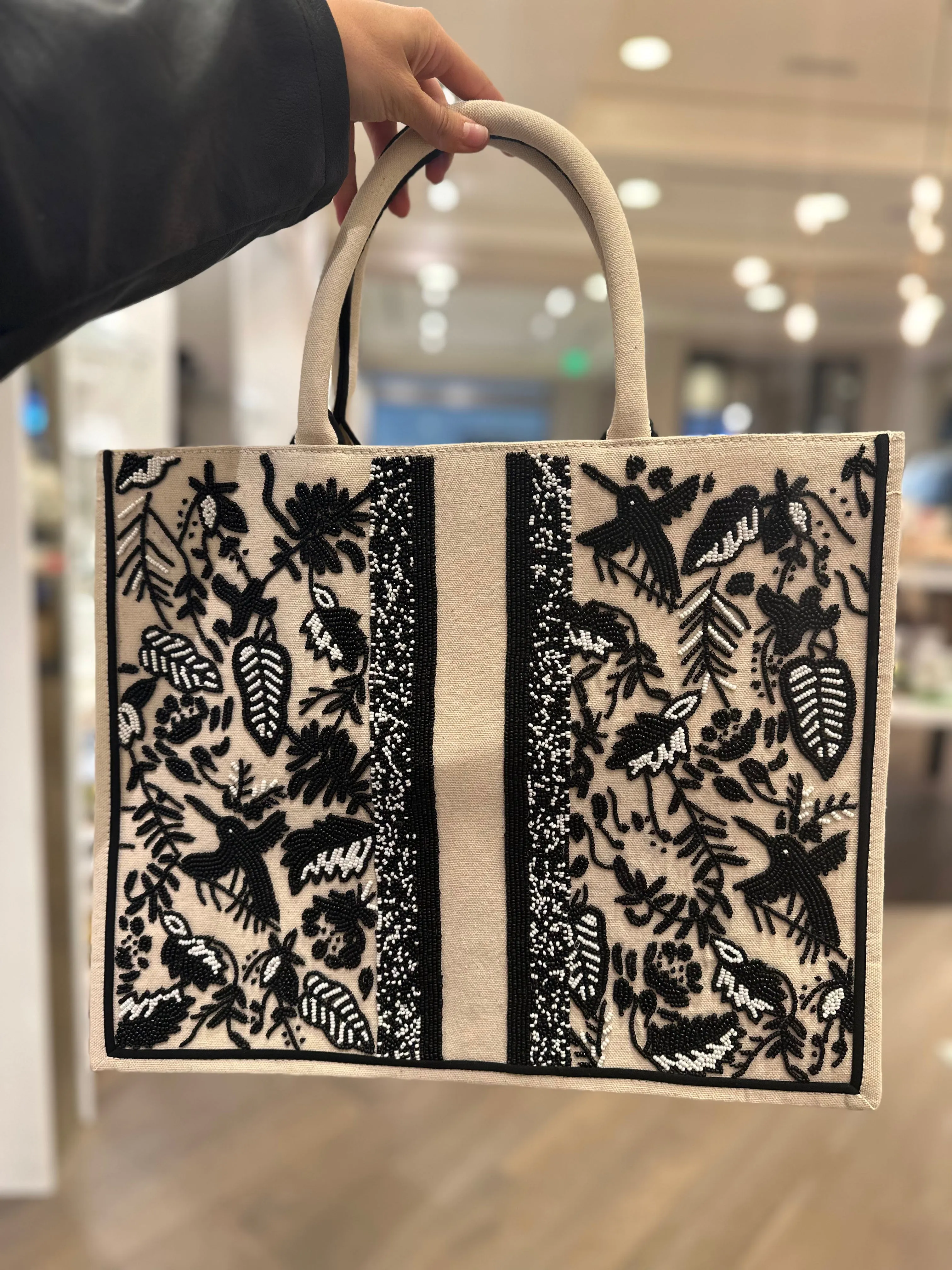 Black Bird/Leaves Large Beaded Tote