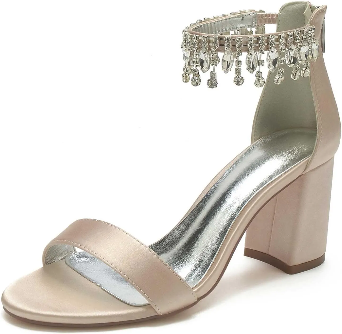 Black Silver High Heel for Women,Low Heel Women's Zipper Rhinestone Chunky Heels Comfortable Peep Toe Women Pumps Dress Shoes(Champagne,7 UK)