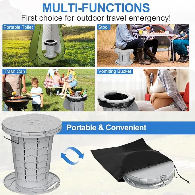 BLIKA Upgraded Retractable Portable Toilet with Cushion, 300LBS Adjustable Height Folding Toilet with Paper Holder, Travel Toilet Portable Camping Toilet, Soft Portable Toilet for Camping/Car, Gray