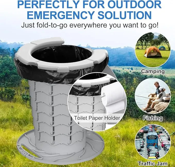 BLIKA Upgraded Retractable Portable Toilet with Cushion, 300LBS Adjustable Height Folding Toilet with Paper Holder, Travel Toilet Portable Camping Toilet, Soft Portable Toilet for Camping/Car, Gray