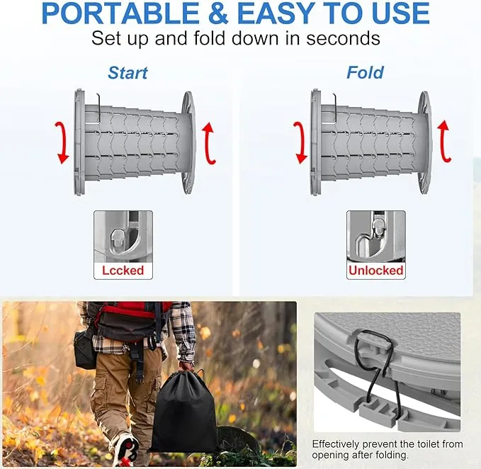 BLIKA Upgraded Retractable Portable Toilet with Cushion, 300LBS Adjustable Height Folding Toilet with Paper Holder, Travel Toilet Portable Camping Toilet, Soft Portable Toilet for Camping/Car, Gray