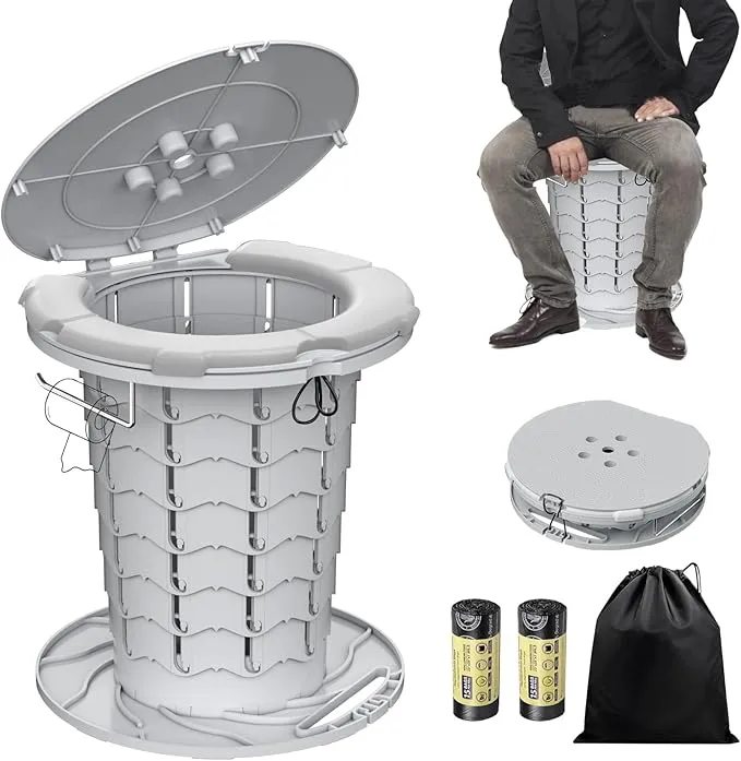 BLIKA Upgraded Retractable Portable Toilet with Cushion, 300LBS Adjustable Height Folding Toilet with Paper Holder, Travel Toilet Portable Camping Toilet, Soft Portable Toilet for Camping/Car, Gray