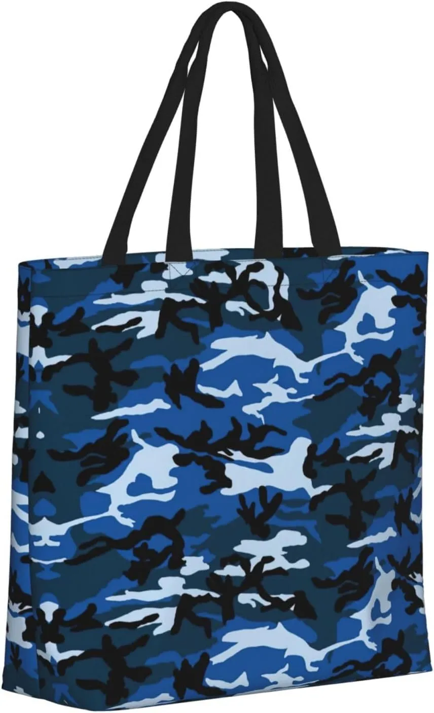 Blue Camo Print Tote Bags Reusable Grocery Bag Shoulde Bag Handbag For Office Shopping Travel Women Casual Work