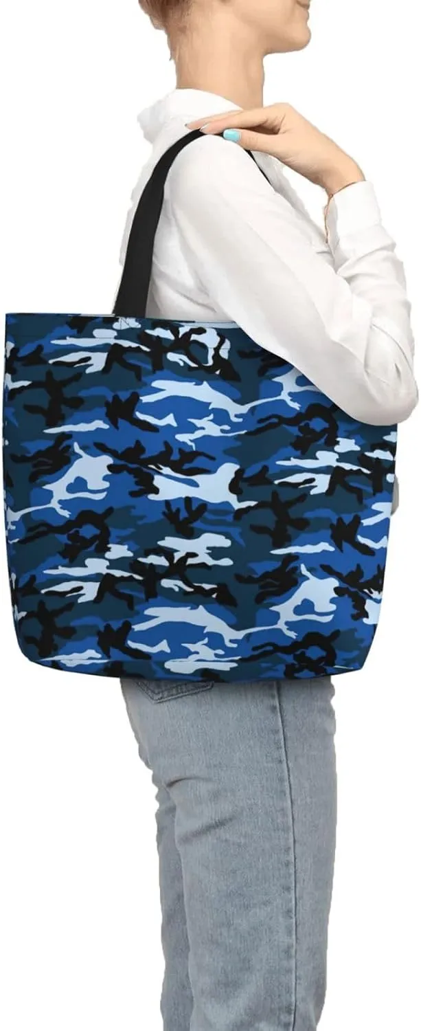 Blue Camo Print Tote Bags Reusable Grocery Bag Shoulde Bag Handbag For Office Shopping Travel Women Casual Work