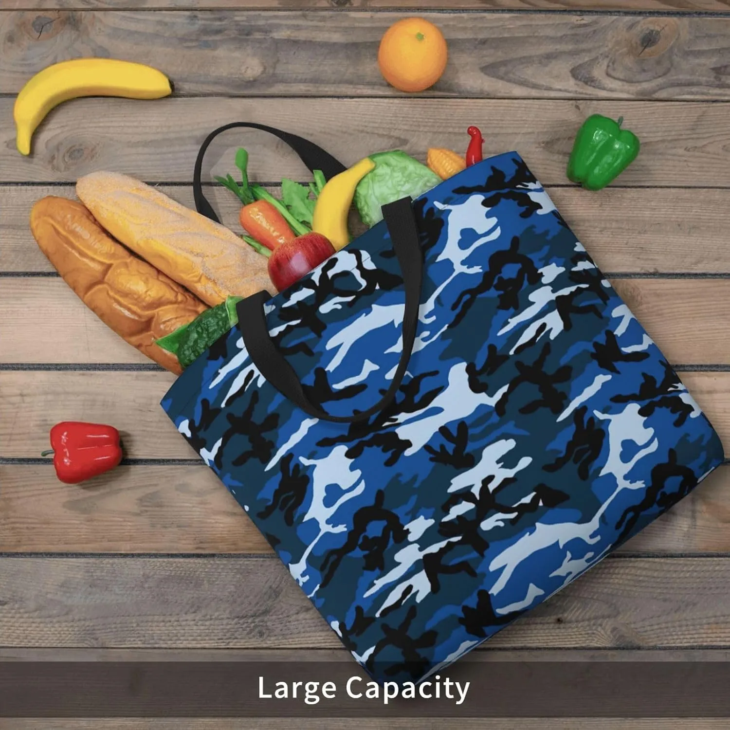 Blue Camo Print Tote Bags Reusable Grocery Bag Shoulde Bag Handbag For Office Shopping Travel Women Casual Work