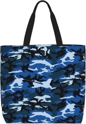 Blue Camo Print Tote Bags Reusable Grocery Bag Shoulde Bag Handbag For Office Shopping Travel Women Casual Work