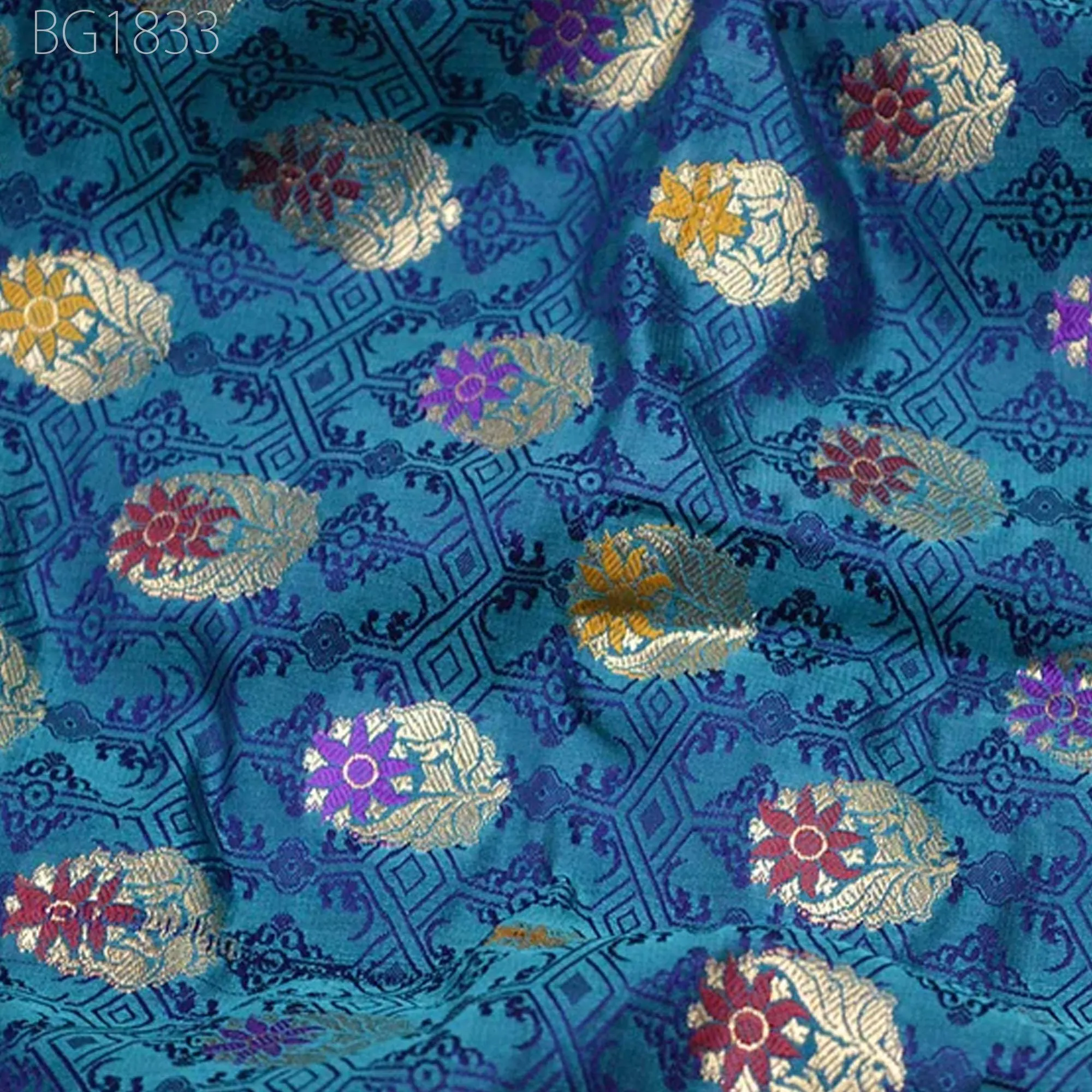 Blue Crafting Sewing Jacquard Indian Banarsi Brocade By The Yard Wedding Dress Fabric Bridesmaid Costumes Skirts Curtains Making Drapery