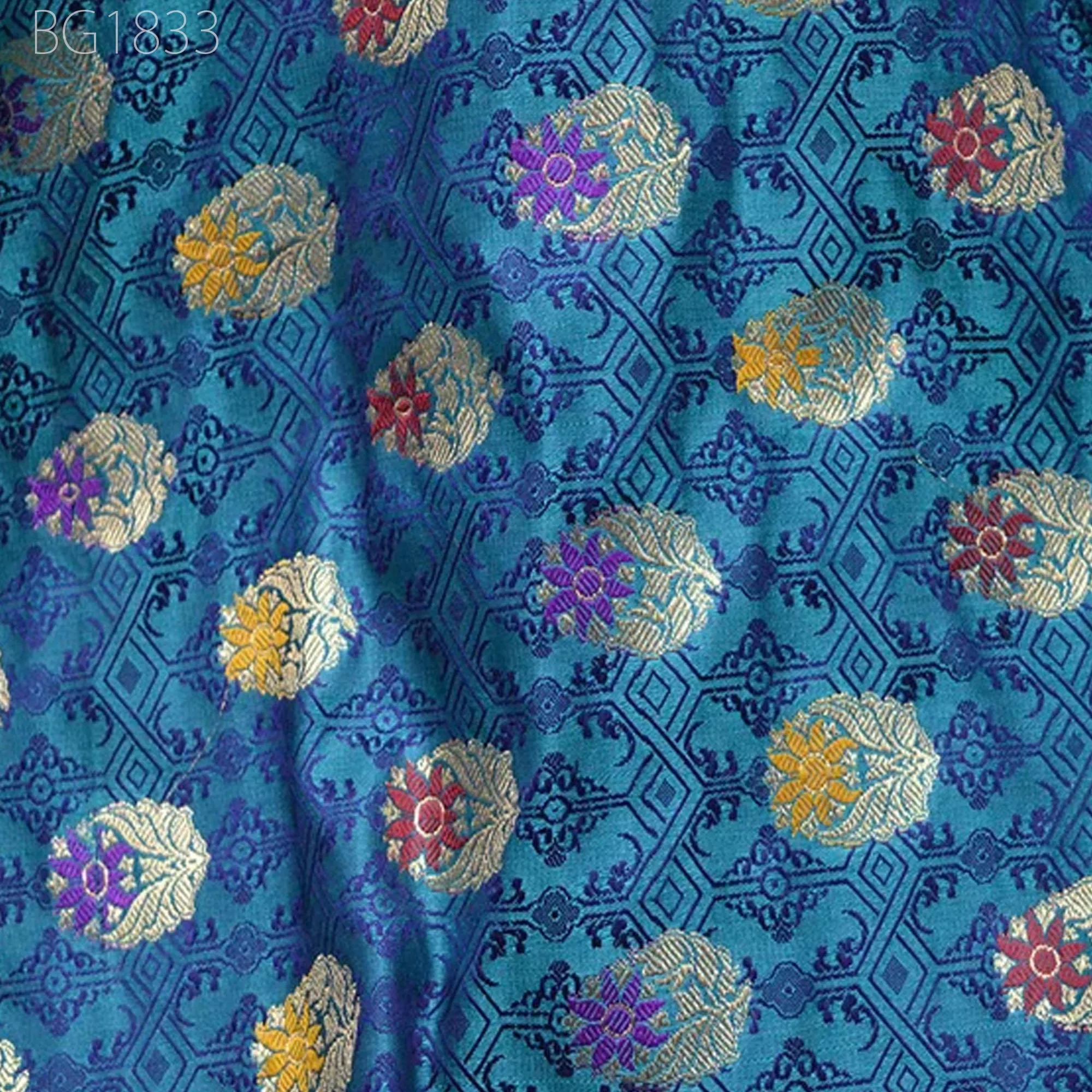 Blue Crafting Sewing Jacquard Indian Banarsi Brocade By The Yard Wedding Dress Fabric Bridesmaid Costumes Skirts Curtains Making Drapery