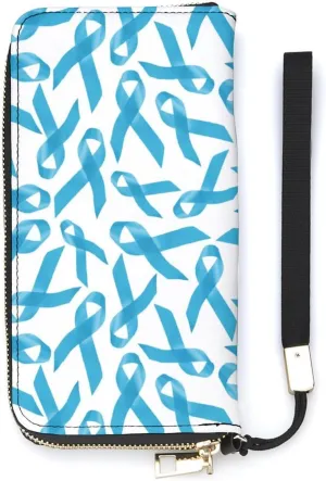 Blue Ribbons Prostate Cancer Awareness Women's Leather Long Large Capacity Wallet Clutch Wallet with Hand Strap, 20x10.5cm, style-12-2
