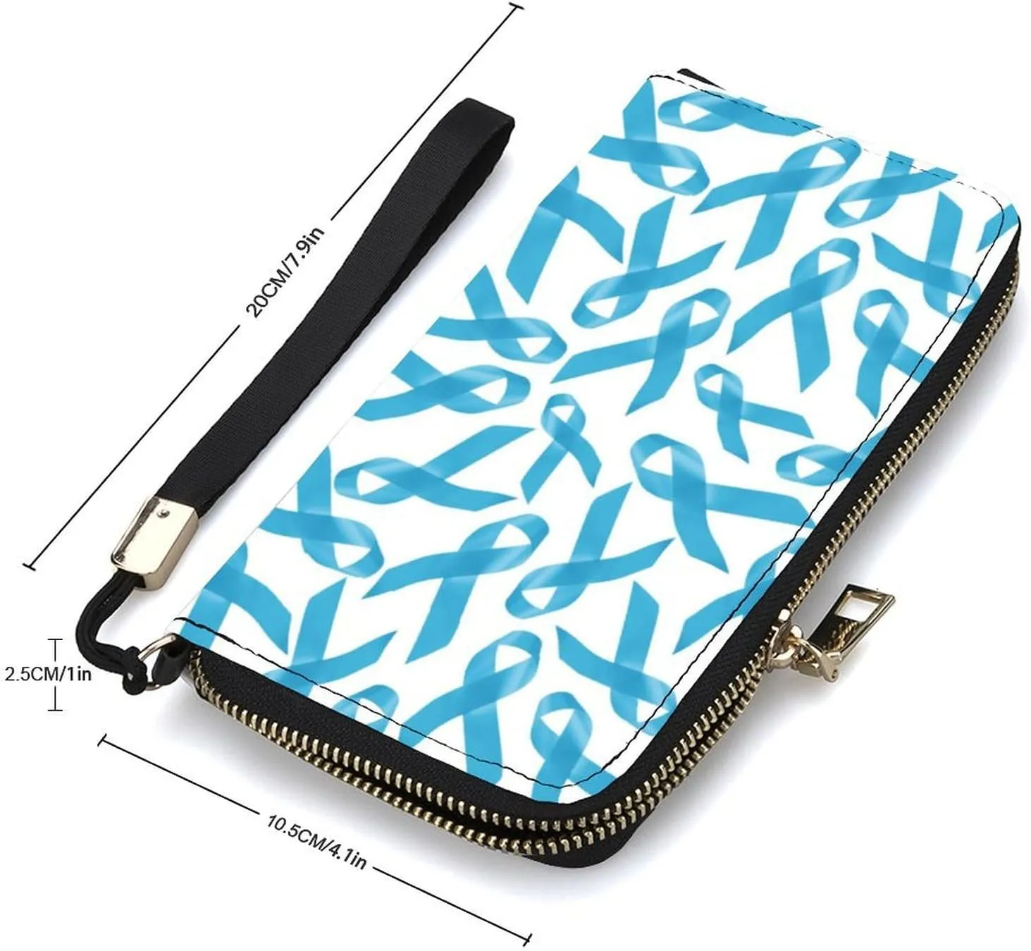 Blue Ribbons Prostate Cancer Awareness Women's Leather Long Large Capacity Wallet Clutch Wallet with Hand Strap, 20x10.5cm, style-12-2