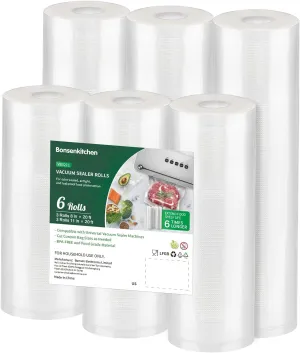 Bonsenkitchen Vacuum Sealer Rolls Bags, 6 Pack 3 Rolls 11" x 20'   3 Rolls 8" x 20' Commercial Grade BPA Free Bag Rolls, Durable Customized Size Food Vac Bags for Storage and Sous Vide Cooking VB3211
