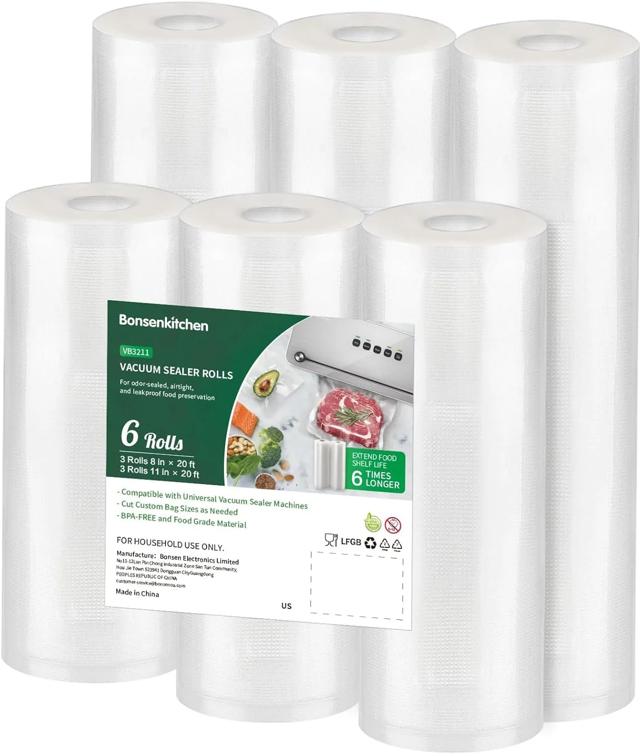 Bonsenkitchen Vacuum Sealer Rolls Bags, 6 Pack 3 Rolls 11" x 20'   3 Rolls 8" x 20' Commercial Grade BPA Free Bag Rolls, Durable Customized Size Food Vac Bags for Storage and Sous Vide Cooking VB3211