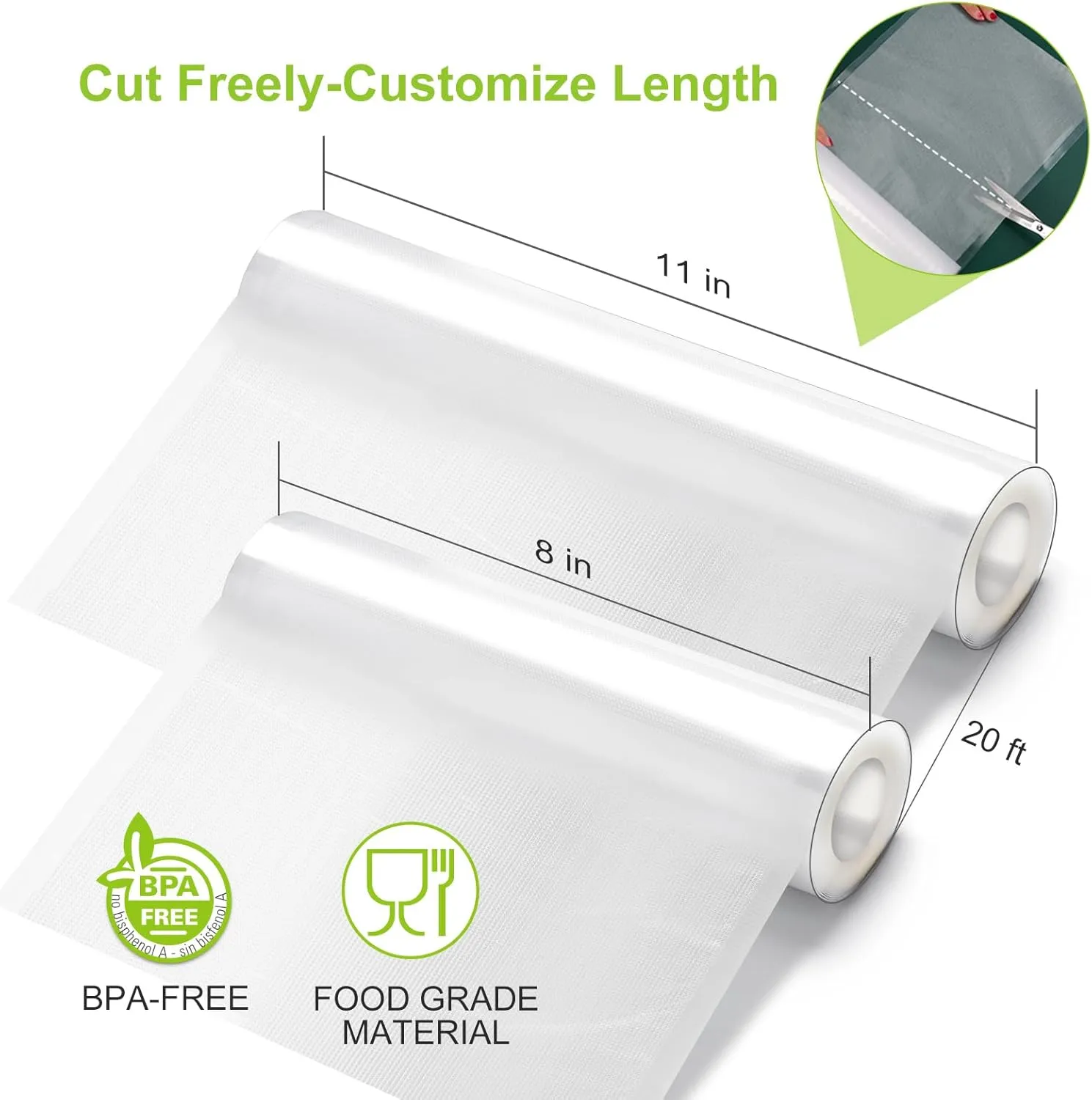 Bonsenkitchen Vacuum Sealer Rolls Bags, 6 Pack 3 Rolls 11" x 20'   3 Rolls 8" x 20' Commercial Grade BPA Free Bag Rolls, Durable Customized Size Food Vac Bags for Storage and Sous Vide Cooking VB3211