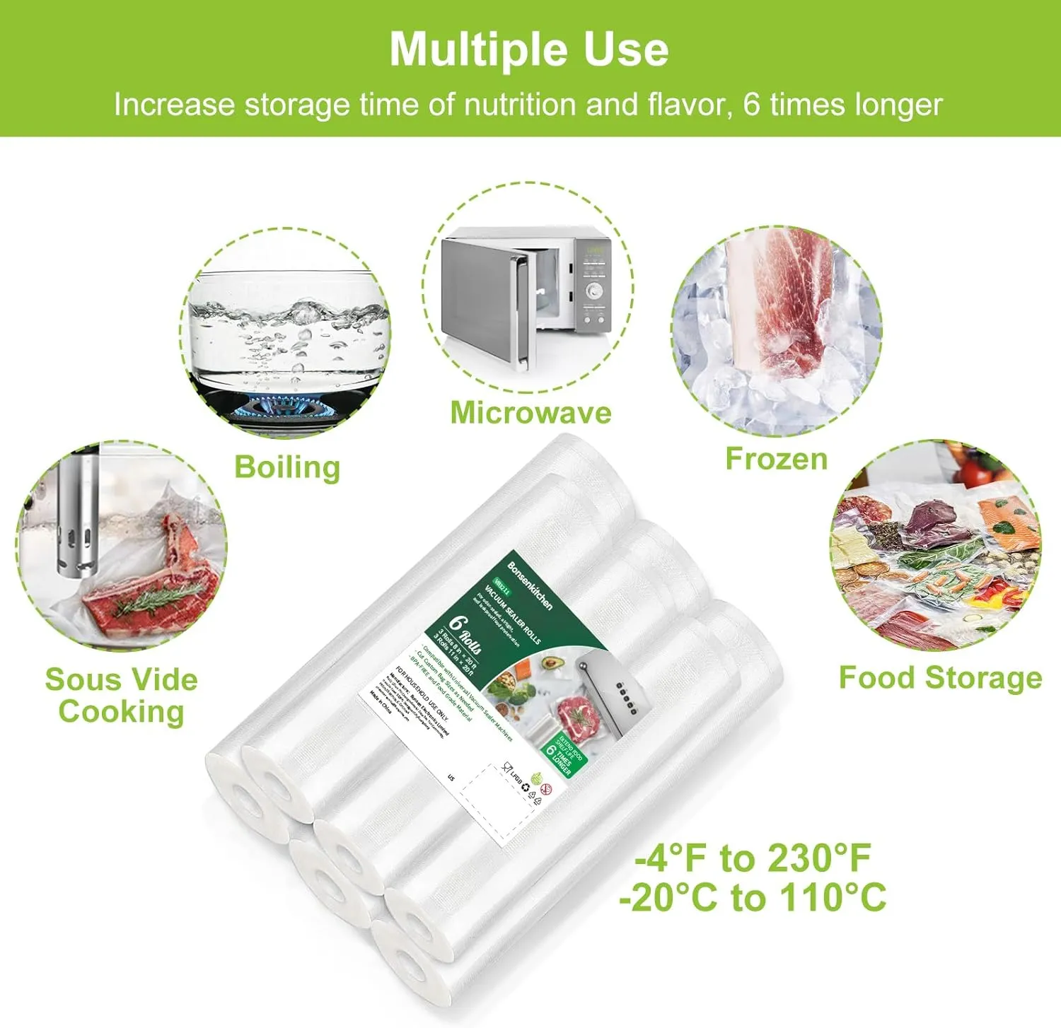 Bonsenkitchen Vacuum Sealer Rolls Bags, 6 Pack 3 Rolls 11" x 20'   3 Rolls 8" x 20' Commercial Grade BPA Free Bag Rolls, Durable Customized Size Food Vac Bags for Storage and Sous Vide Cooking VB3211