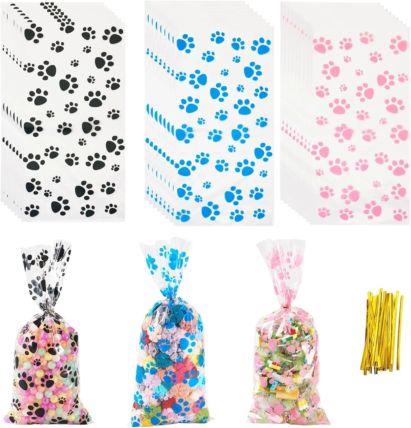 Boutigem 60Pcs Paw Print Cellophane Treat Bags Dog Paw Party Favor Bags with Twist Ties Clear Plastic Cookies Candy Gift Packing Bags Animal Footprint Goodie Bags for Festival Birthday Party Wedding