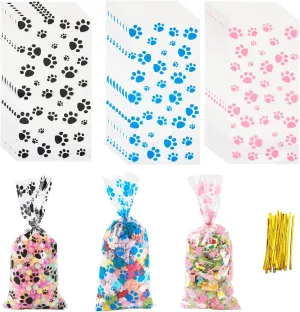 Boutigem 60Pcs Paw Print Cellophane Treat Bags Dog Paw Party Favor Bags with Twist Ties Clear Plastic Cookies Candy Gift Packing Bags Animal Footprint Goodie Bags for Festival Birthday Party Wedding
