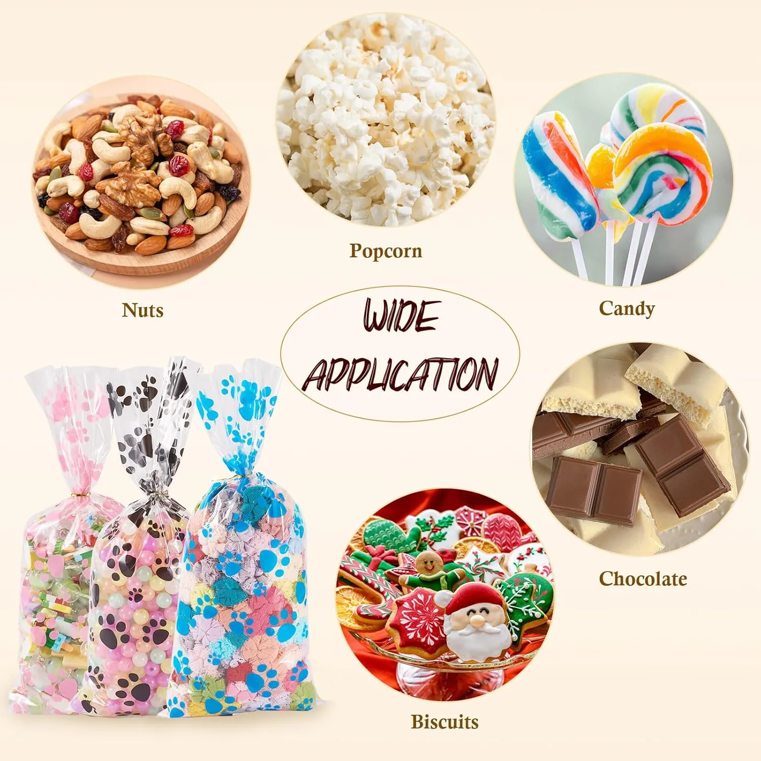 Boutigem 60Pcs Paw Print Cellophane Treat Bags Dog Paw Party Favor Bags with Twist Ties Clear Plastic Cookies Candy Gift Packing Bags Animal Footprint Goodie Bags for Festival Birthday Party Wedding
