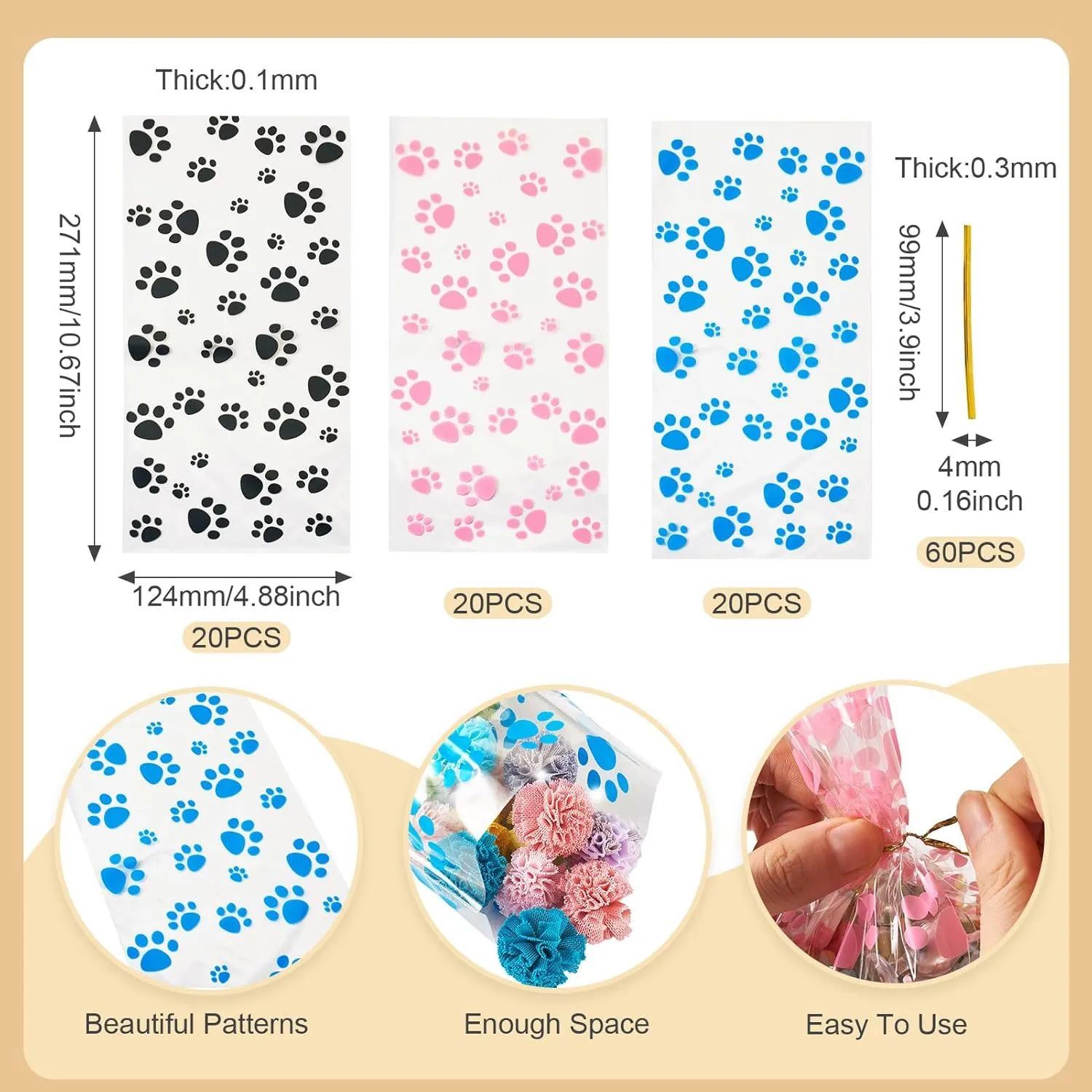Boutigem 60Pcs Paw Print Cellophane Treat Bags Dog Paw Party Favor Bags with Twist Ties Clear Plastic Cookies Candy Gift Packing Bags Animal Footprint Goodie Bags for Festival Birthday Party Wedding