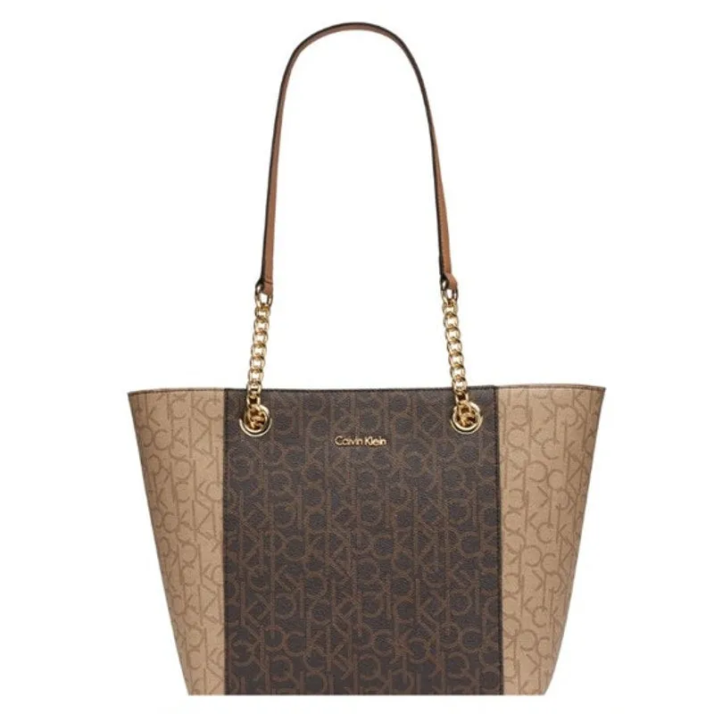 Calvin Klein Brown Signature Monogram Tote Bag, Leather, Double Handles