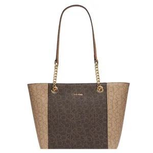 Calvin Klein Brown Signature Monogram Tote Bag, Leather, Double Handles