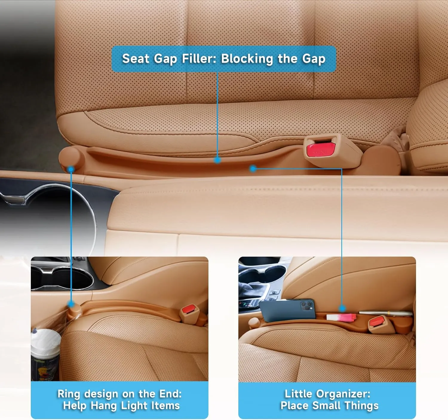 Car Seat Gap Filler Set of 2, Soft Foam Multifunctional Seat Side Gap Filler with Organizer & Hook Function, 3in1 Gap Stopper Universal Fit Car SUV Truck Fill The Gap Between Seat & Console