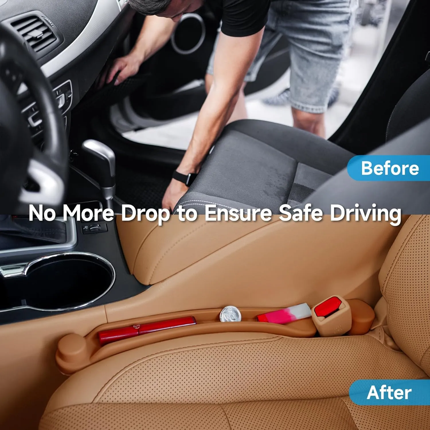 Car Seat Gap Filler Set of 2, Soft Foam Multifunctional Seat Side Gap Filler with Organizer & Hook Function, 3in1 Gap Stopper Universal Fit Car SUV Truck Fill The Gap Between Seat & Console
