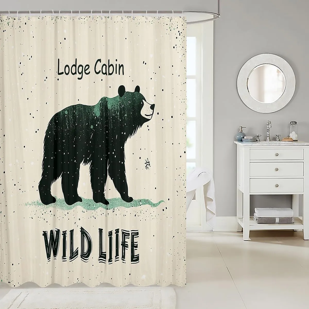 Cartoon Bear Shower Curtain 72" W x 84" L Cute Black Green Graffiti Wild Animal Bathroom Curtain for Kids Boys Girls Teens Lodge Cabin Jungle Farmhouse Style Bath Curtain for Room with 12 Hooks