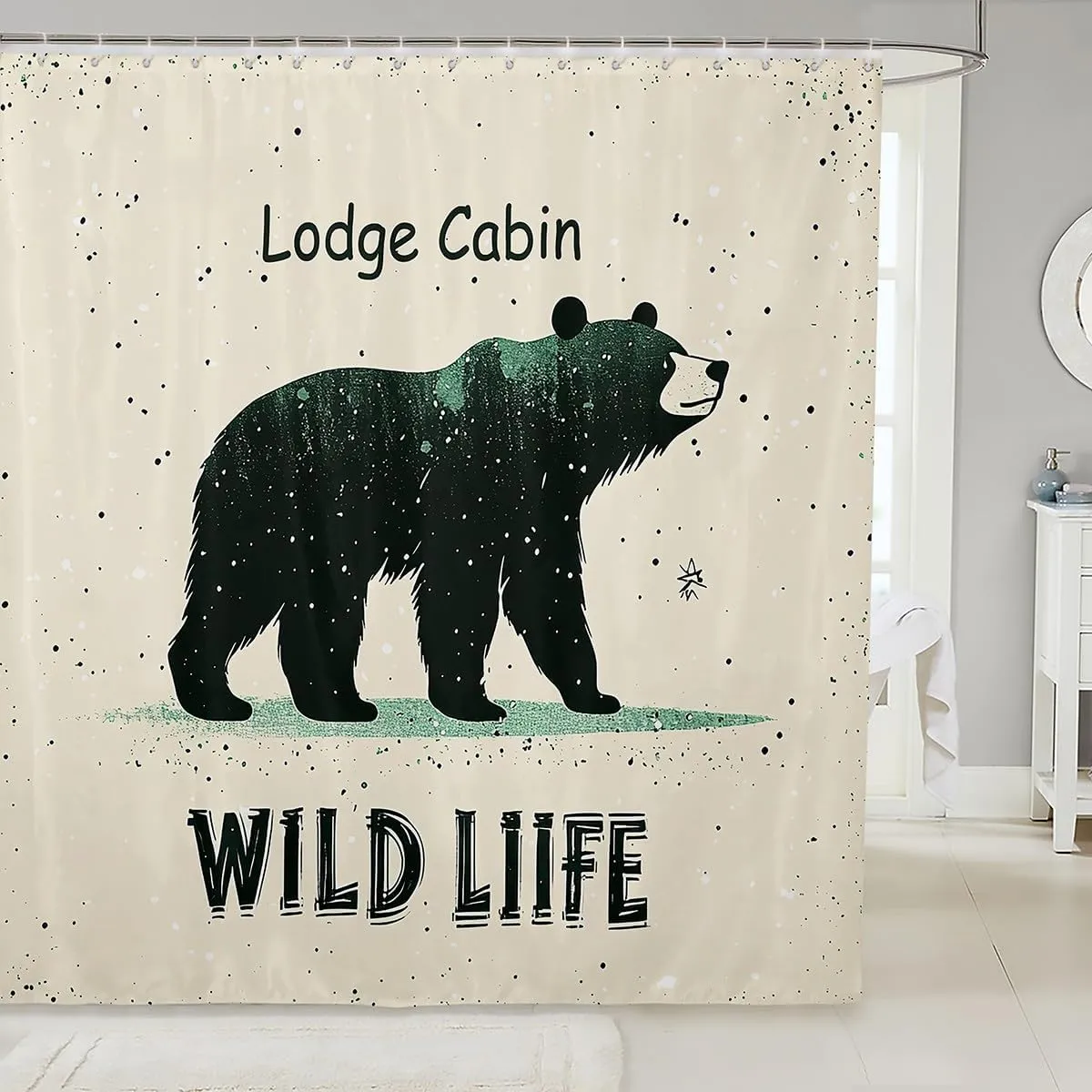 Cartoon Bear Shower Curtain 72" W x 84" L Cute Black Green Graffiti Wild Animal Bathroom Curtain for Kids Boys Girls Teens Lodge Cabin Jungle Farmhouse Style Bath Curtain for Room with 12 Hooks
